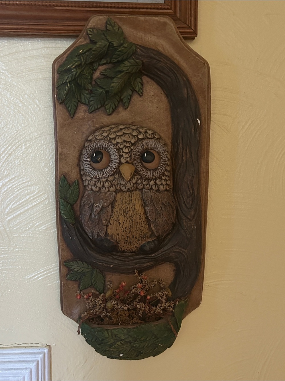 Rare Vintage MCM 3D Owl Chalkware on Branch Plaque Wall Decor - Ready to hang